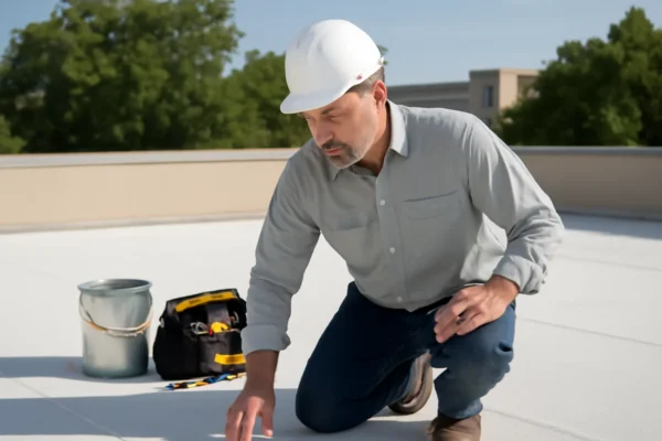 مقاول يتفقد سطح المبنى قبل تطبيق العزل