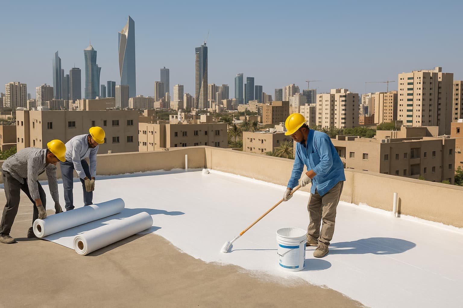 فريق عمل كويتي يقوم بعزل أسطح مبنى في الكويت