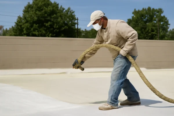 عامل بناء يرش عزل رغوي على سطح مسطح باستخدام خرطوم