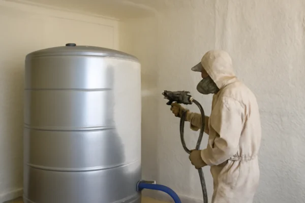 عامل يطبق رغوة العزل الحراري على خزان مياه