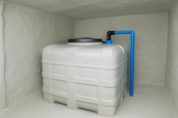 خزان مياه معزول باستخدام رغوة عازلة وأنبوب PVC أزرق.