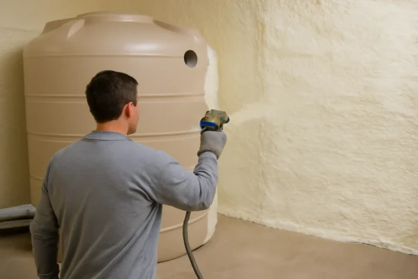 عامل يطبق رغوة العزل الحراري على جدار خزان مياه في غرفة مغلقة.