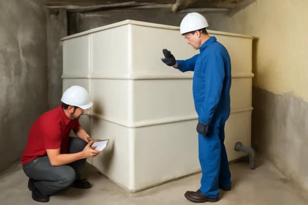 عمال صيانة يفحصون خزان مياه كبير في غرفة غير مكتملة.