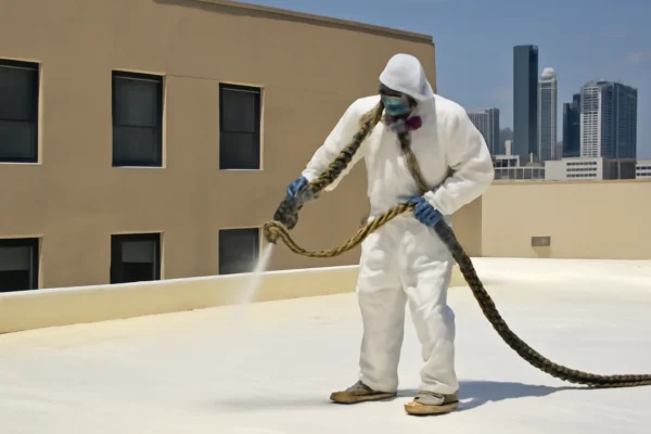 عامل بناء يرش عزل رغوي على سطح مبنى متعدد الطوابق