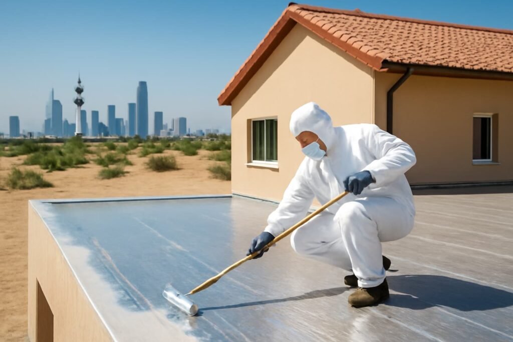 أهمية عزل الأسطح فني يطبق العزل على أسطح منزل في الكويت