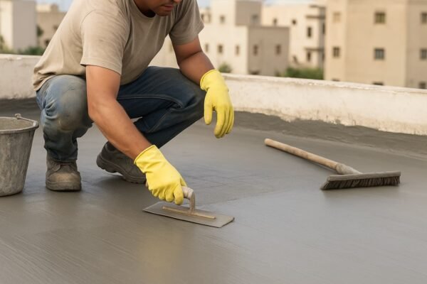 عامل يطبق مادة إسمنتية رمادية على سطح مبنى
