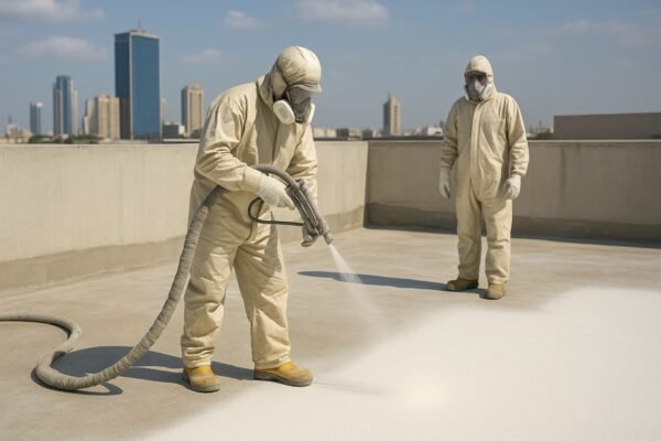 عمال يرشون مادة العزل الحراري على سطح مبنى بالكويت