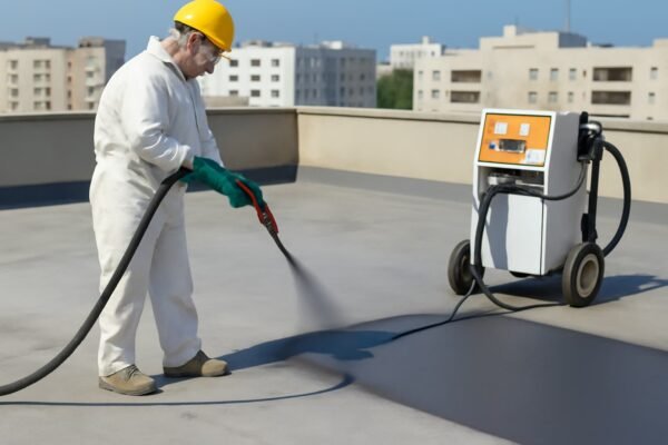 استخدام المعدات الحديثة في عزل الأسطح باستخدام آلة رش الفوم.