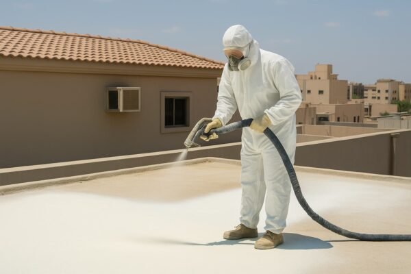 عامل يرش مادة الفوم البيضاء لعزل الأسطح في الكويت