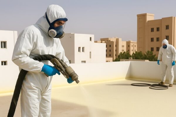 فنيون يرشون فوم عازل على سطح منزل في الكويت بشكل أفقي