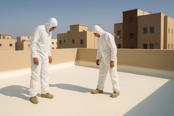 فنيون يفحصون سطح معزول بالفوم بعد الانتهاء من العمل