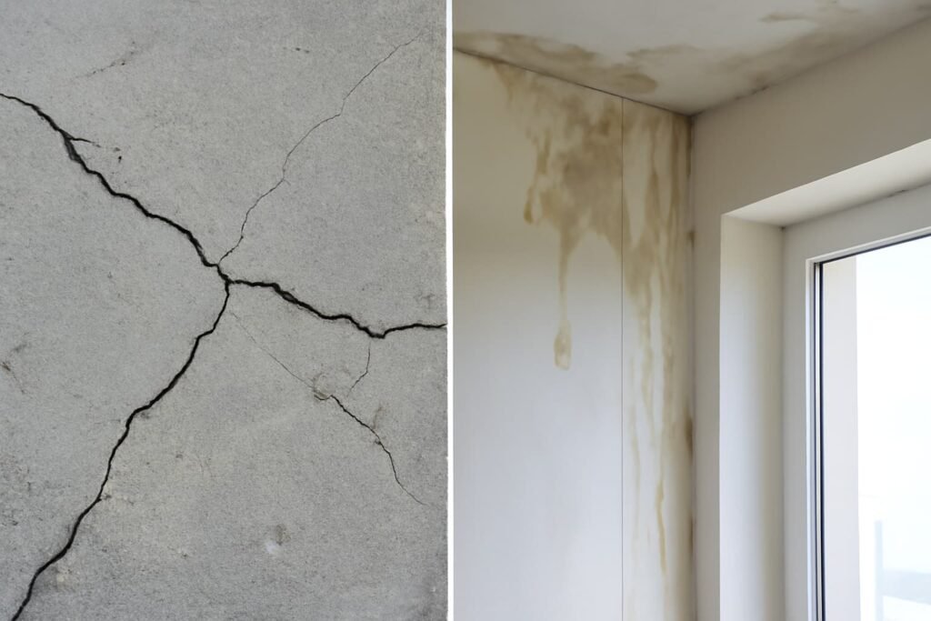 مشاكل العزل الرديء وكيف تتجنبها تشققات في سطح خرساني مع تسربات مائية داخل غرفة