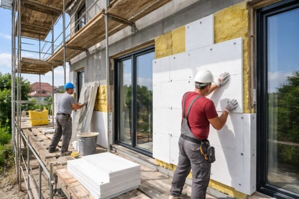 تطبيق العزل الحراري الخارجي باستخدام ألواح الفوم على جدار مبنى متعدد الطوابق