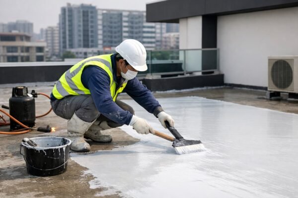 فني يعزل سطح مبنى حديث