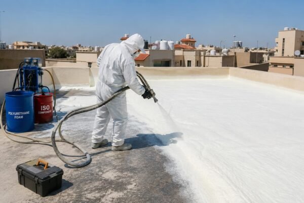 فني يرش عزل الفوم فوق سطح منزل