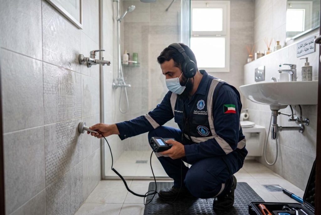 فني يقوم بعملية كشف خرير المياه داخل حمام في الكويت باستخدام جهاز الفحص الصوتي الحديث بدون تكسير لتحديد مكان التسريب بدقة
