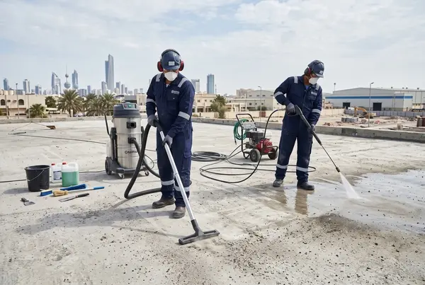 فنيان ينظفان سطحاً خرسانياً بالمكنسة الصناعية وقاذف المياه قبل العزل في الكويت