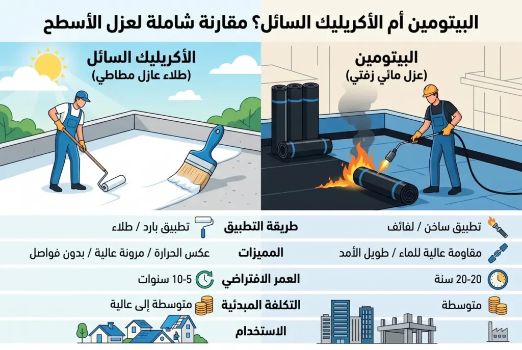 إنفوجرافيك مقارنة بين البيتومين أم الأكريليك السائل يوضح طريقتي التطبيق والمميزات