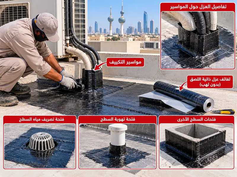 تركيب اللفائف ذاتية اللصق حول مواسير التكييف وفتحات السطح دون استخدام لهب، فني يلف قطعة عزل لاصقة حول ماسورة بارزة من السطح